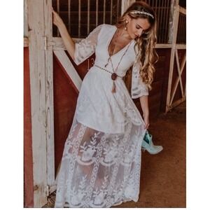 Southern Fried Chics Sheer Lace Boho Cowgirl‎ Chic Farmcore Maxi Dress Size S